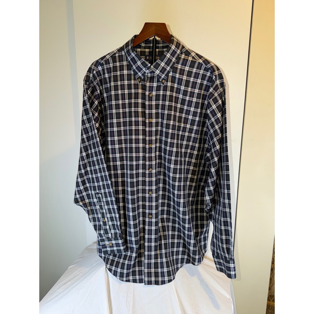 Brooks Brothers Button Down Shirt Mens XL Navy Plaid Non-Iron Cotton Long Sleeve - Picture 2 of 7